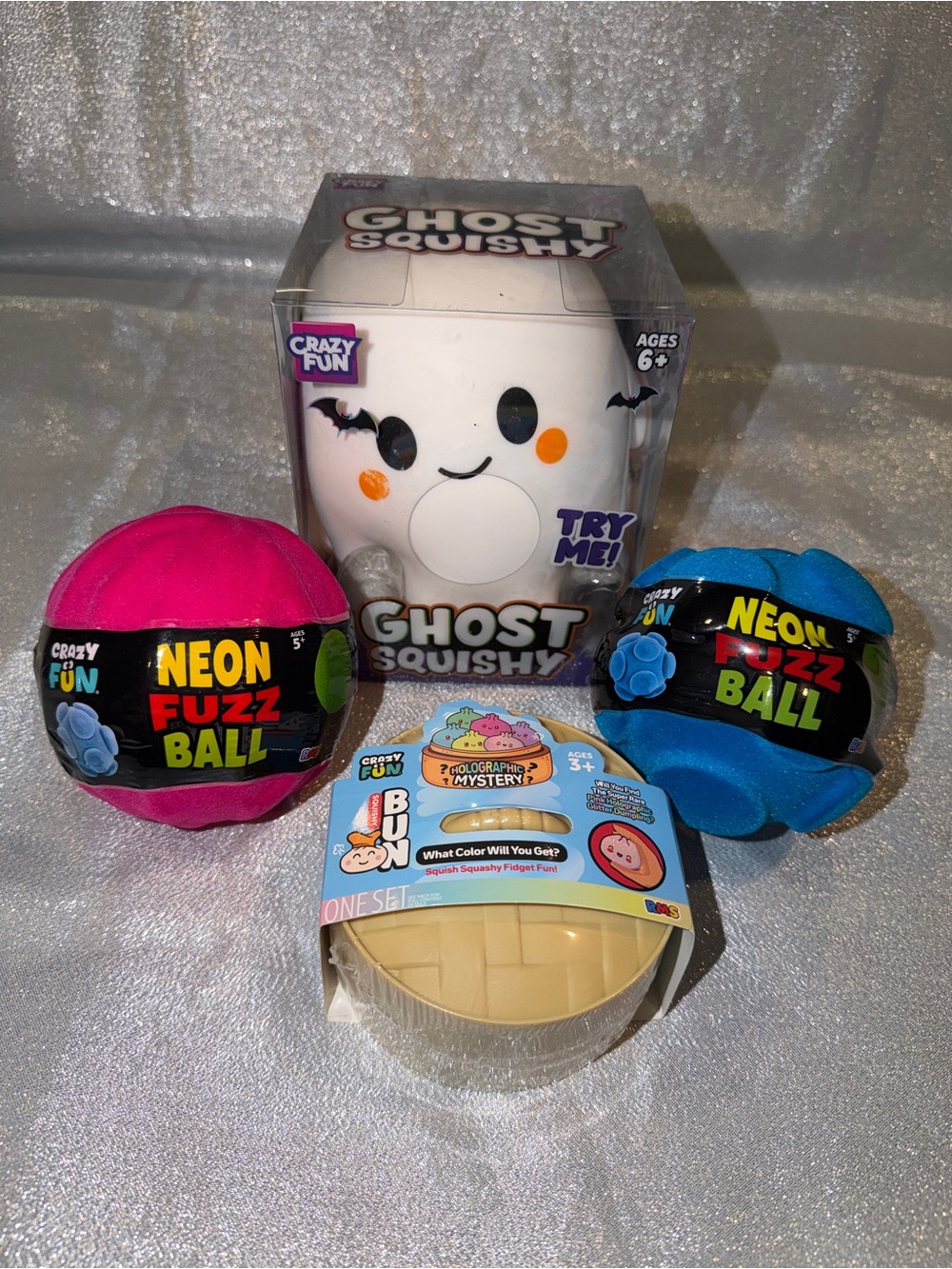 One Ghost Squishy, One Mystery Dumpling & Two Neon Fuzz Balls